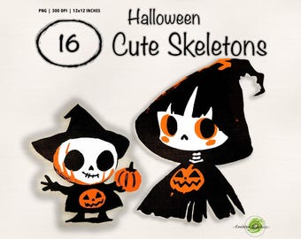 Halloween Cute Skeletons Clipart | 16 Transparent PNG Halloween Skeleton Graphics for Sublimation, Crafts, and Scrapbooking | CL24006