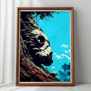 May include: A framed art print featuring a surreal illustration. The artwork depicts a mask-like face emerging from a tree trunk, set against a bright blue sky with clouds. The color palette includes shades of brown, red, white, and blue.
