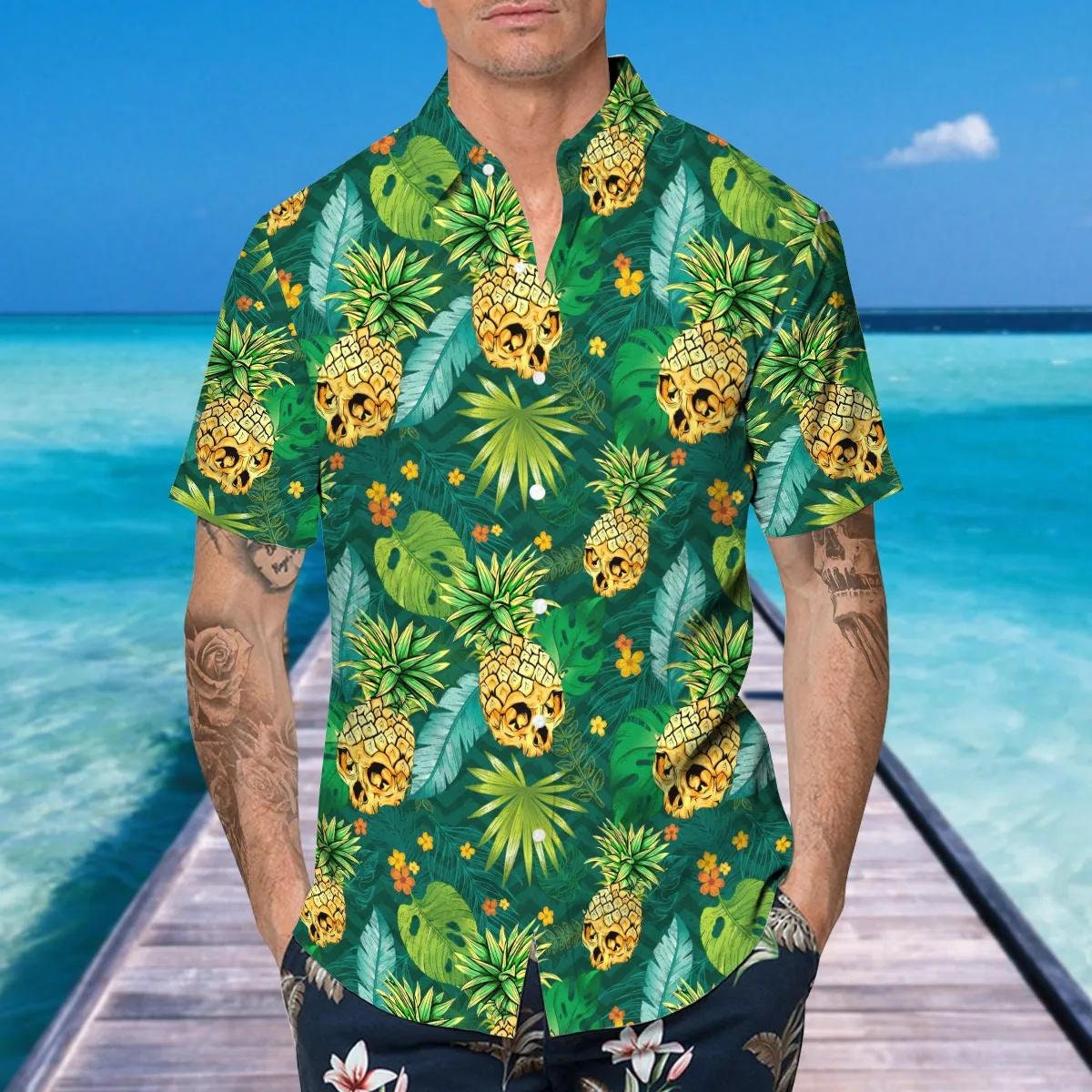 Discover Green Pineapple Skull Hawaiian Shirt, Horror Aloha Shirt