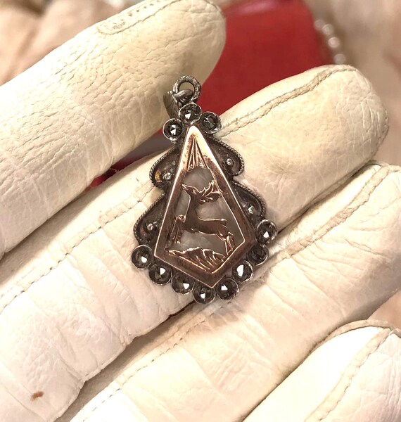50's silver pendant with stag and marcasites