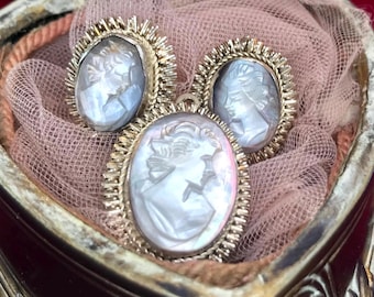 Vintage mid-century mother of pearl cameo jewelry set