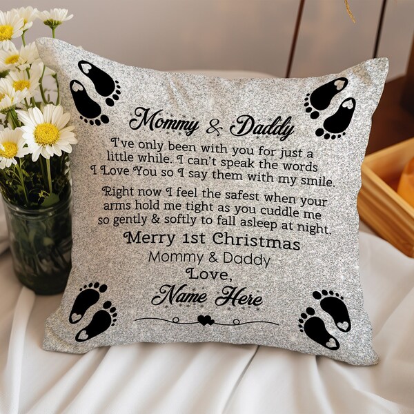 Personalized Mommy and Daddy First Christmas Pillow, New Parents Pillow, New Parents Expecting Parents Gift, Baby Announcement, New baby