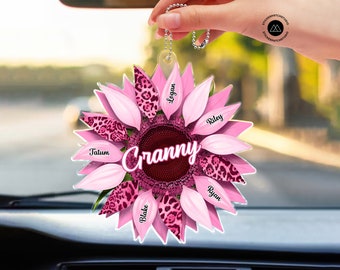 Grandma, Mom, Auntie Family Sunflower, Birthday, Loving Gift For Nana, Personalized Acrylic Car Hanger, Gift For Mom, Custom Kids Names