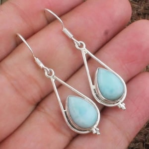 Dainty Larimar Earrings: Handmade 925 Sterling Silver Boho Style