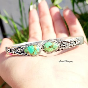 Green Copper Turquoise Bracelet, 925 Sterling Silver Bracelet, Handmade Bangle, Gift For Her, Statement Bracelet, Birthday Gift For Women