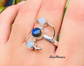 Handmade Moonstone & Labradorite Ring: Sterling Silver Statement Ring