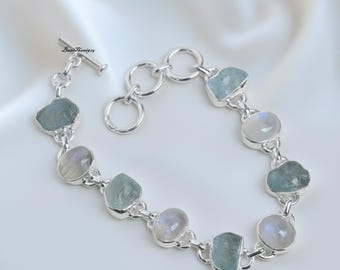 Handmade Raw Aquamarine Moonstone Bracelet, 925 Sterling Silver