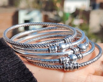 Sterling Silver Bangle Set: Handmade Stacking Bracelets, Mexico