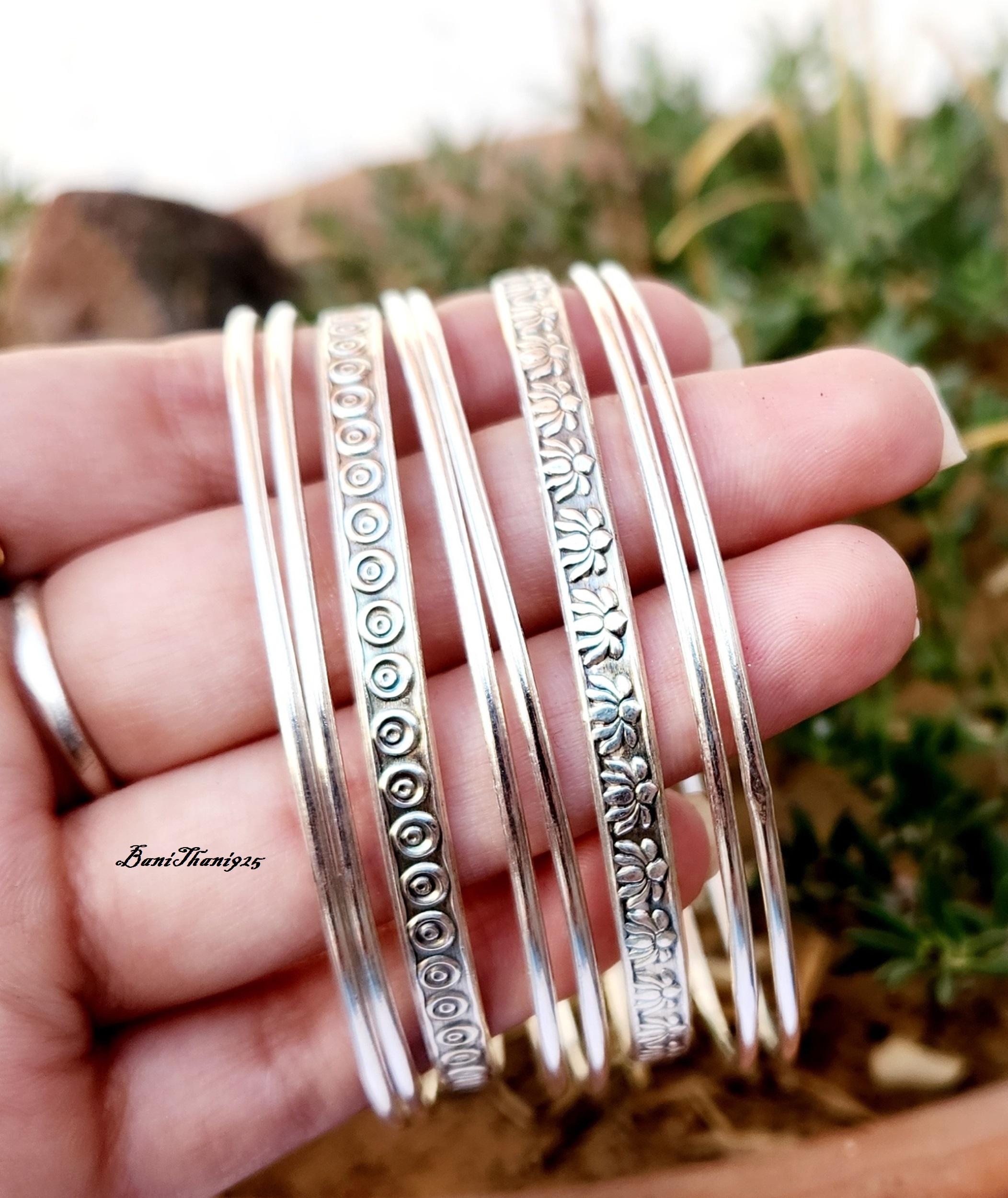 Sterling Silver Bangle Set: Handmade Mexican Floral Bangles - Etsy