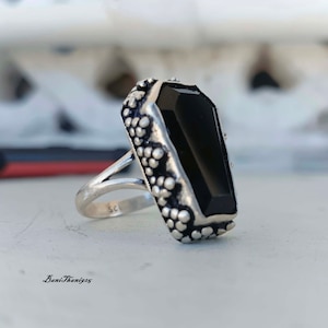 Handmade Black Onyx Coffin Ring: 925 Sterling Silver Band