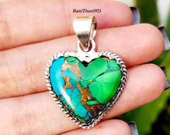 Heart Shape Green Dahlia Turquoise Pendant - 925 Sterling Silver