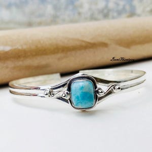 Larimar Gemstone Bangle: Handmade 925 Sterling Silver Adjustable Bracelet