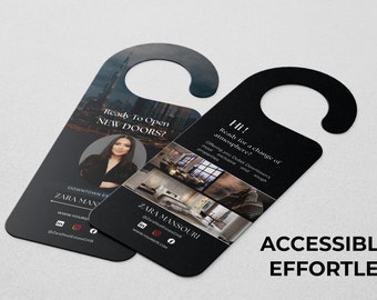 May include: Black and white door hanger with a photo of a woman and text that reads "Ready To Open NEW DOORS?" and "Hi! Ready for a change of atmosphere?"  The text also includes the name "Zara Mansouri" and the phrase "Downtown Exclusive Properties".
