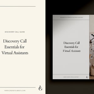 以下が含まれることがあります： 「Discovery Call Essentials for Virtual Assistants」というタイトルの本カバー。ミニマリストデザインで、表紙は薄いベージュ色で、黒い文字とシンプルなラインデザインが施されています。この本は、バーチャルアシスタント向けのガイドです。