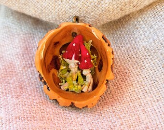 Miniature lucky mushrooms in a black walnut, lucky charm, unique item