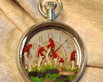 Miniature lucky mushrooms in an old pocket watch case, medallion, unique piece