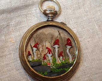 Miniature lucky mushrooms in an old pocket watch case, medallion, unique piece