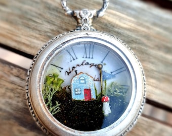 Miniature world in an old pocket watch case, pendant, medallion, unique item