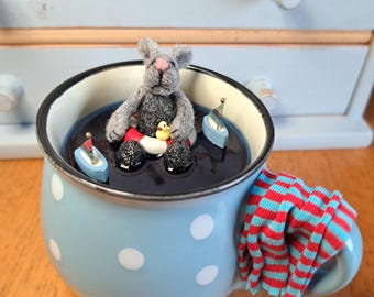 Small mouse with a swimming ring in a coffee cup, repurposed, unique, diorama