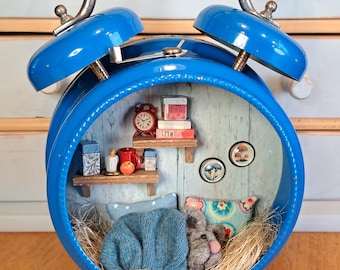 Little mouse in an old alarm clock, miniature, unique, diorama