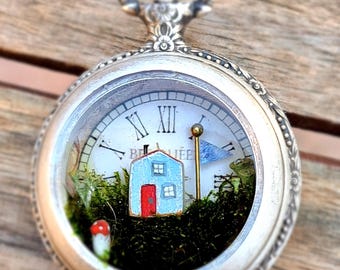 Miniature world in an old pocket watch case, pendant, medallion, unique item