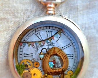 Miniature in an old pocket watch case, pendant, unique item, mouse home, medallion