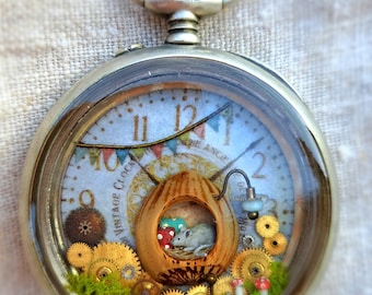 Miniature in an old pocket watch case, pendant, unique item, mouse home, medallion