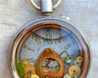 Miniature in an old pocket watch case, pendant, unique item, mouse home, medallion