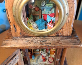 Mouse home in an old clock case, miniature, unique piece, diorama