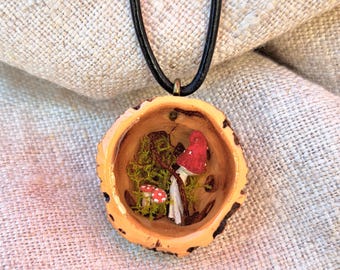 Miniature lucky mushrooms in a black walnut, lucky charm, unique item