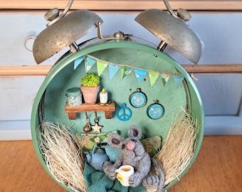 Little mouse in an old alarm clock, miniature, unique, diorama