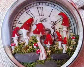 Miniature lucky mushrooms in an old pocket watch case, medallion, unique piece