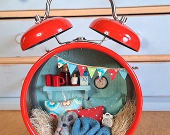 Little mouse in an old alarm clock, miniature, unique, diorama