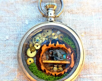 Miniature in an old pocket watch case, pendant, unique item, mouse home, medallion