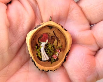 Miniature lucky mushrooms in a black walnut, lucky charm, unique item