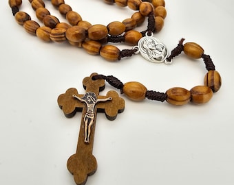 Oval Wood Rosary Pope Leo XIV Natural Brown Beads Wooden Crucifix