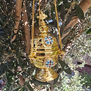 Beautiful Orthodox style thurible with hand painted glazed cross