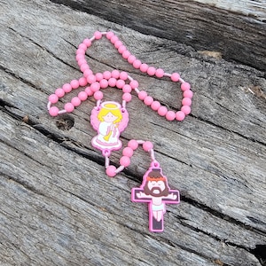 Pink Rosary for kids 6mm beads Cross and centr piece made of rubber, Kids rosary, girl rosary, Rosary for kids