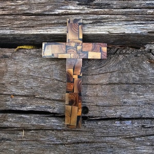 Vintage 1970s Olive Wood Mosaic Cross on Mahogany – Handmade in the Holy Land, Limited Quantity