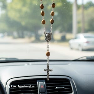 Handmade Olive Wood Car Rosary • 10 Beads Bethlehem Rosary with Lobster Clasp • Cross for Car Dashboard • Christian Car Decoration