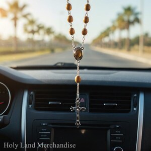 Olive Wood Car Rosary with Cross Charm · Christian Car Accessories · Faith Cross for Dashboard · Cute Car Charm · New Car Gift
