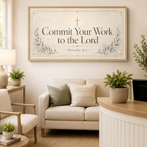 May include: A rectangular wall art piece in a light wood frame featuring a cream-colored background with a central cross, the text "Commit Your Work to the Lord" and "Proverbs 16:3", framed by decorative botanical illustrations in muted green tones.