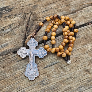 Hand made rosary Big Metal Cross Olive wood beads from Jerusalem