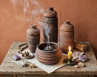 Ancient Style Incense Burner & Storage Set | Rustic Clay Ritual Kit for Resin, Palo Santo, Cones | Meditation Altar Decor