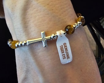 Tiger's Eye Bracelet  with cross | Healing Energy, Balance and Protection Stretch Gemstone Jewelry