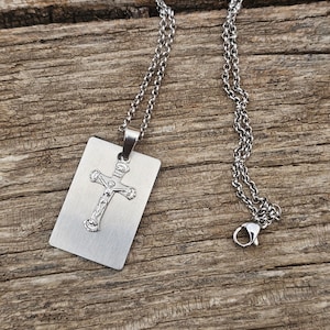 Stainless Steel Cross Dog Tag Necklace – Engravable | Men's and Kid"s Christian Pendant