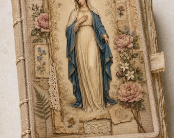Virgin Mary Botanical Collage Print, Antique-Style Catholic Devotional Wall Art, 2:3 Digital Download