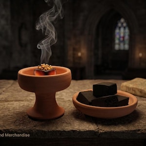 Puede incluir: Un quemador de incienso de terracota con base de pedestal sostiene un disco de carbón encendido cubierto con resina dorada, emitiendo un hilo de humo. Junto a él, un plato de terracota poco profundo contiene bloques de incienso oscuros.