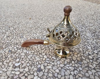 14cm Christian Incense burner with a wooden handle From the Holy Land