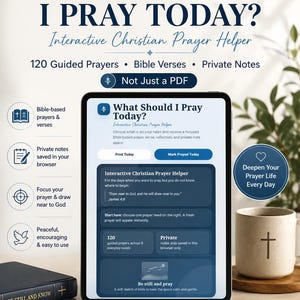 May include: An interactive Christian prayer helper displayed on a tablet. The screen shows options for guided prayers, Bible verses, and private notes. A mug with a cross and a book with the text "BE STILL AND KNOW" are also visible.
